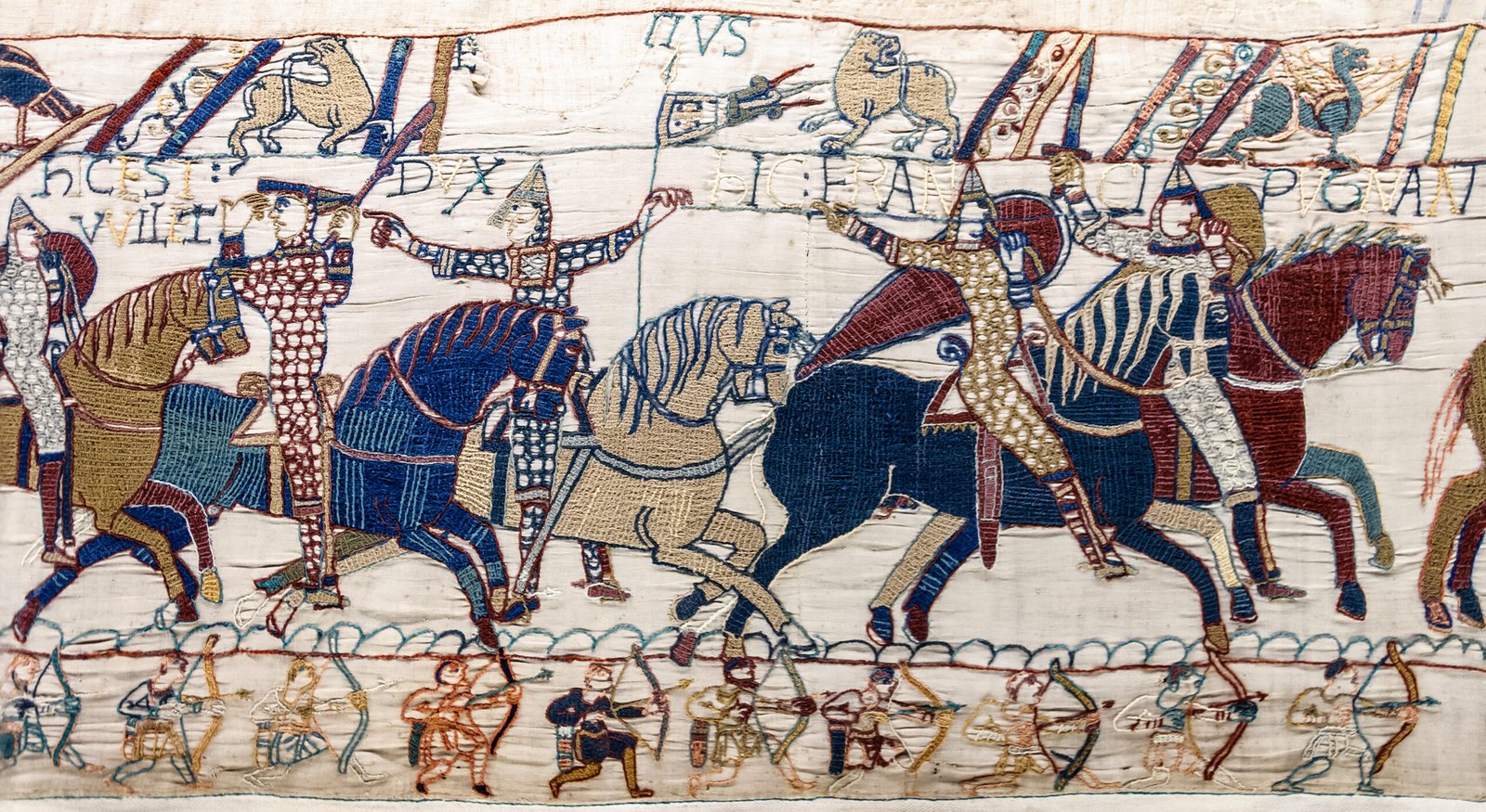 Detail from the Bayeux Tapestry showing Duke William lifting his helmet to prove he was still alive during the Battle of Hastings.