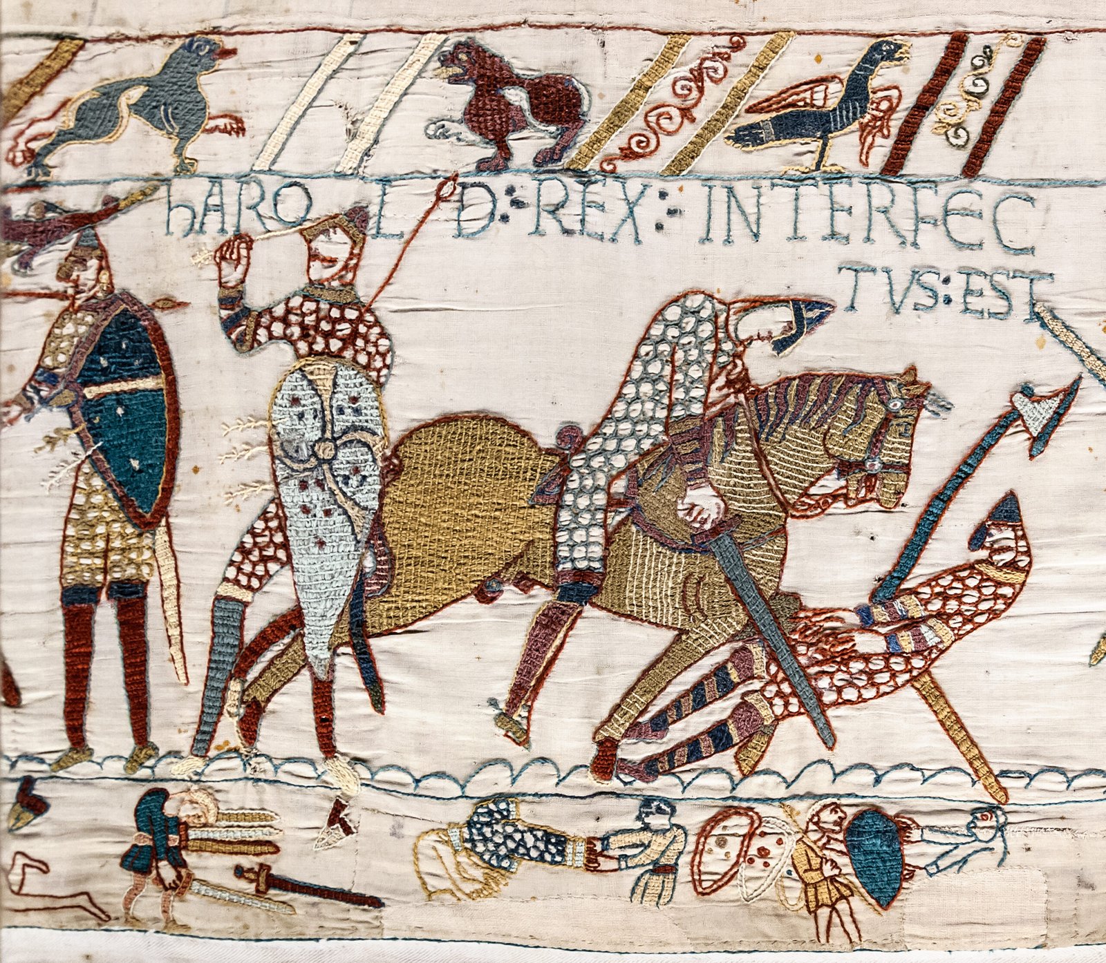 Detail from the Bayeux Tapestry depicting the death of King Harold II at the Battle of Hastings, October 14, 1066.
