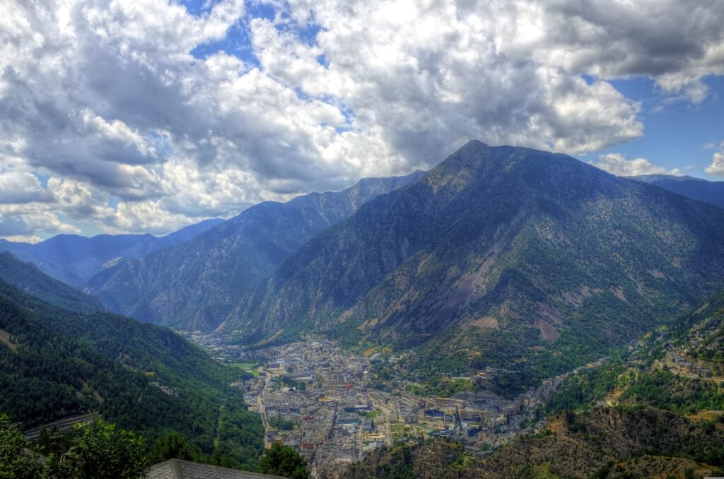 The city of Andorra la Vella surrounded by the Pyrenees mountains