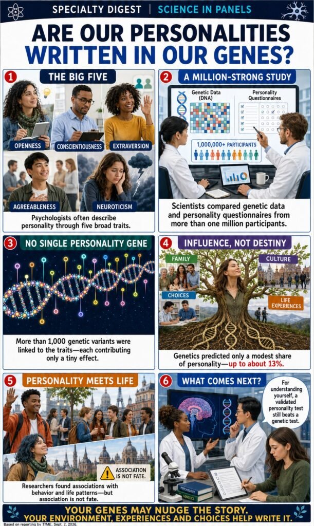 Six-panel infographic titled "Are our personalities written in our genes?" showing the Big Five personality traits, a study of more than one million participants, more than 1,000 linked genetic variants, and the finding that genetics predicted up to about 13% of personality variation.