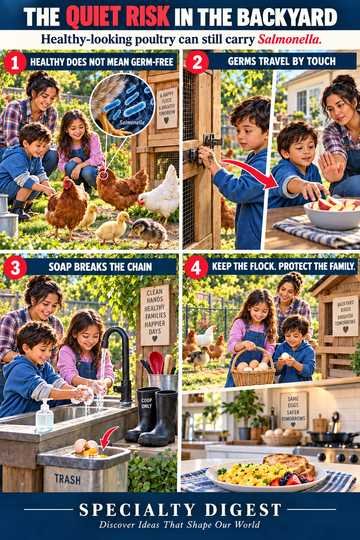 Four-panel infographic titled The Quiet Risk in the Backyard, showing Salmonella transmission from backyard poultry to households.