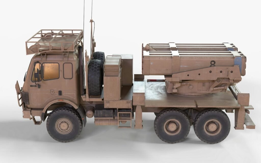 A military truck carrying a rocket launcher