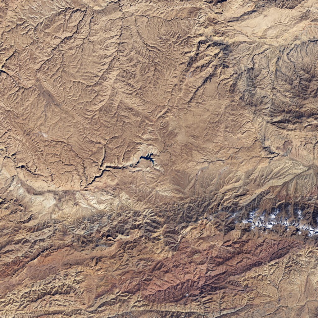 Satellite image of the turquoise and deep blue lakes of Band-e-Amir National Park in Afghanistan
