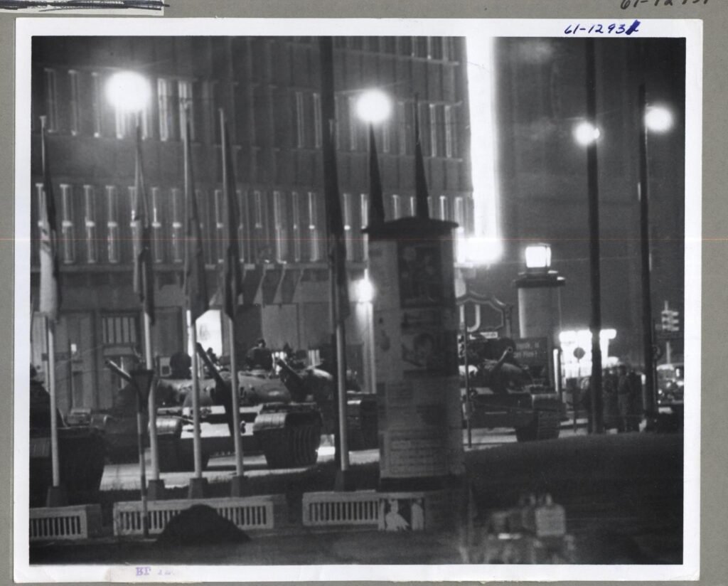 U.S. tanks face off with Soviet forces at Checkpoint Charlie in Berlin during the Cold War.