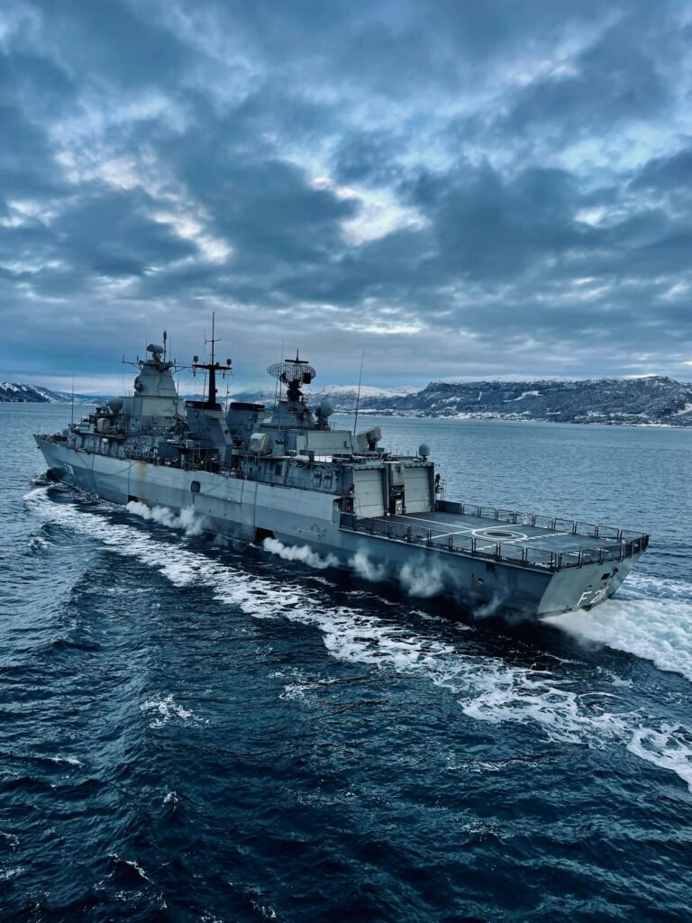 A large military ship under way in open ocean