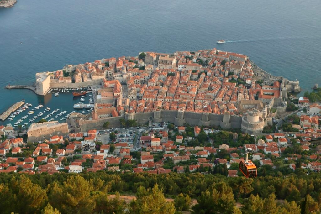 Aerial view of the fortified Old Town of Dubrovnik, an iconic walled city on Croatia's Adriatic coast