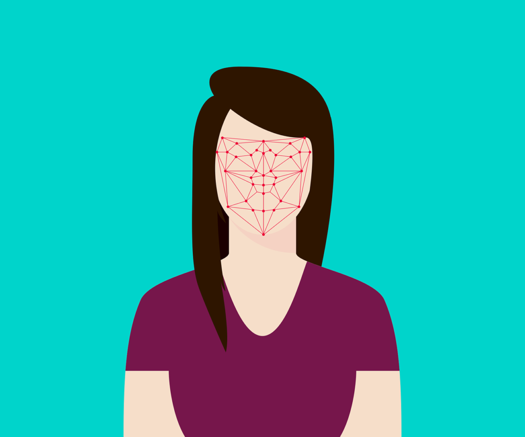 An illustration of facial recognition software mapping landmark points across a human face.
