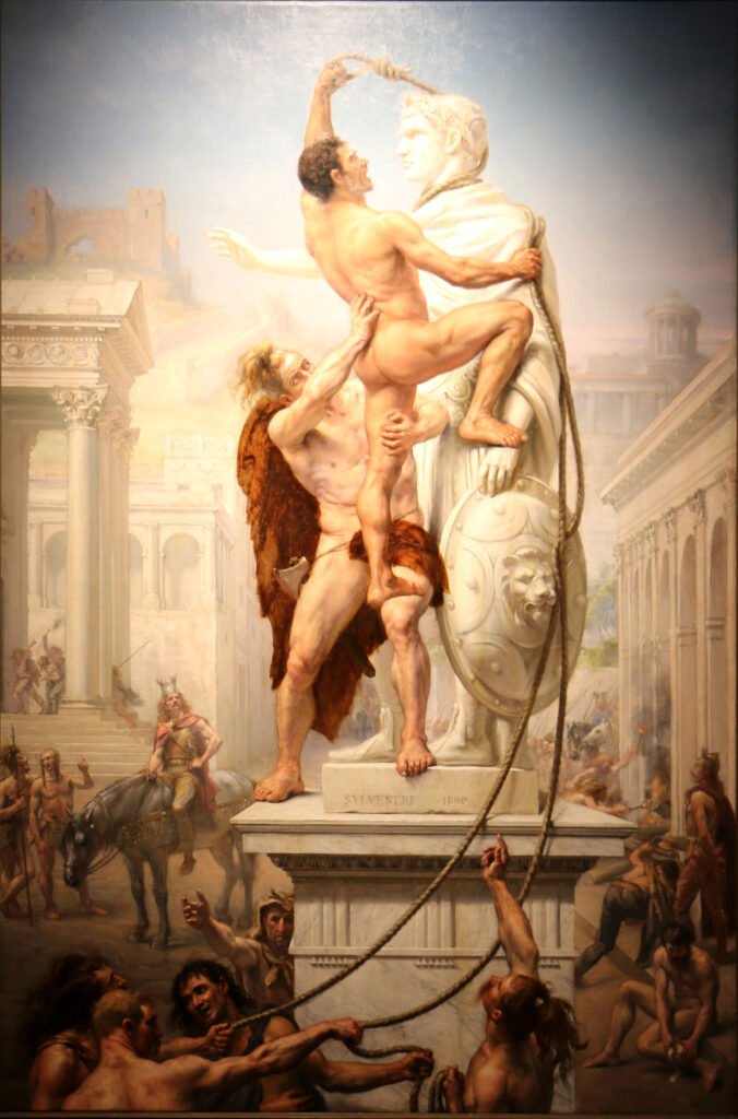 A 19th-century painting depicting the Visigothic sack of Rome in 410 CE, one of the events that led to the fall of the Western Roman Empire.