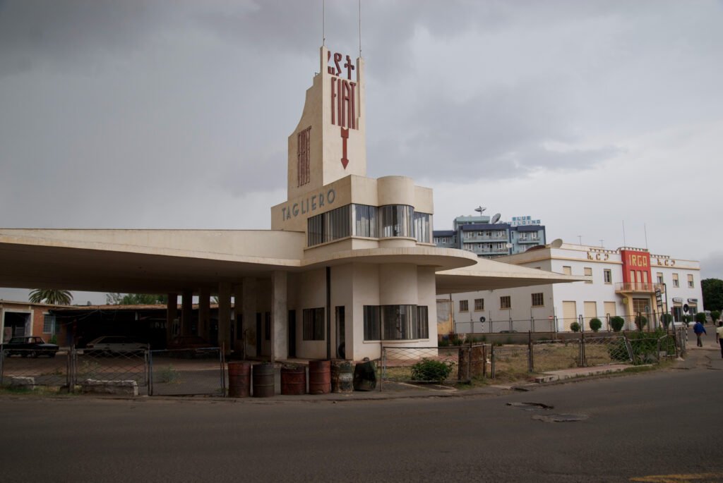 The Fiat Tagliero Building, a Futurist former petrol station in Asmara, Eritrea