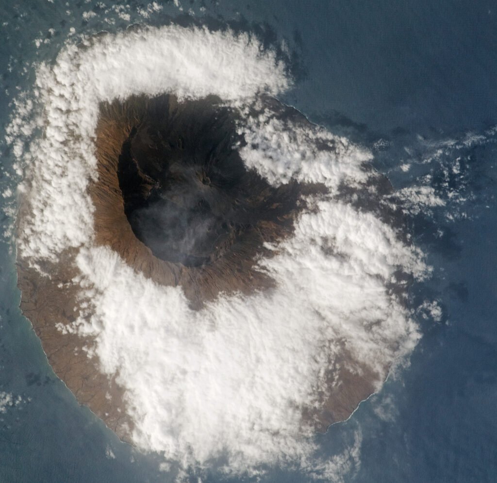 Aerial astronaut photograph of the volcanic caldera on Fogo island, Cabo Verde