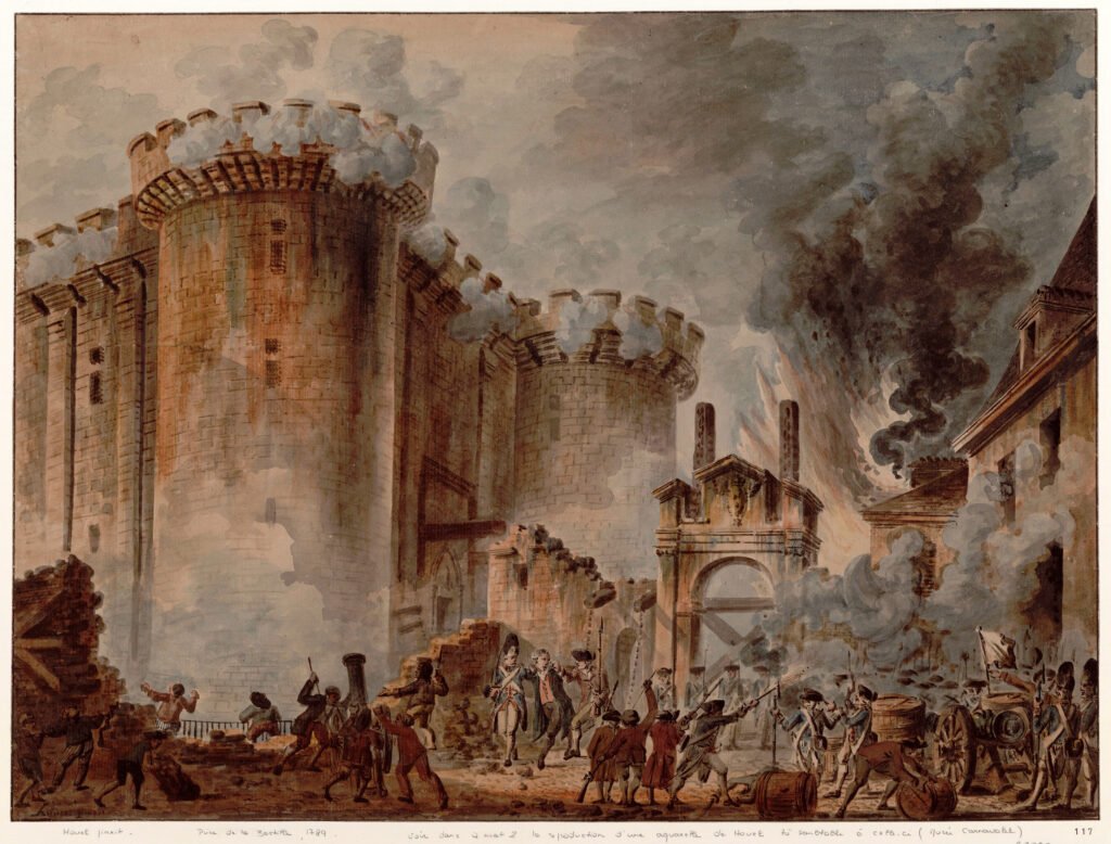 An 18th-century painting depicting the storming of the Bastille on July 14, 1789, a pivotal event of the French Revolution.
