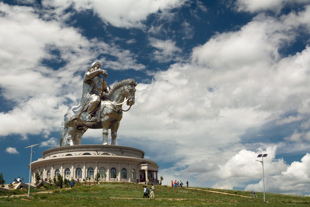 The monumental stainless steel Genghis Khan Equestrian Statue near Ulaanbaatar, Mongolia