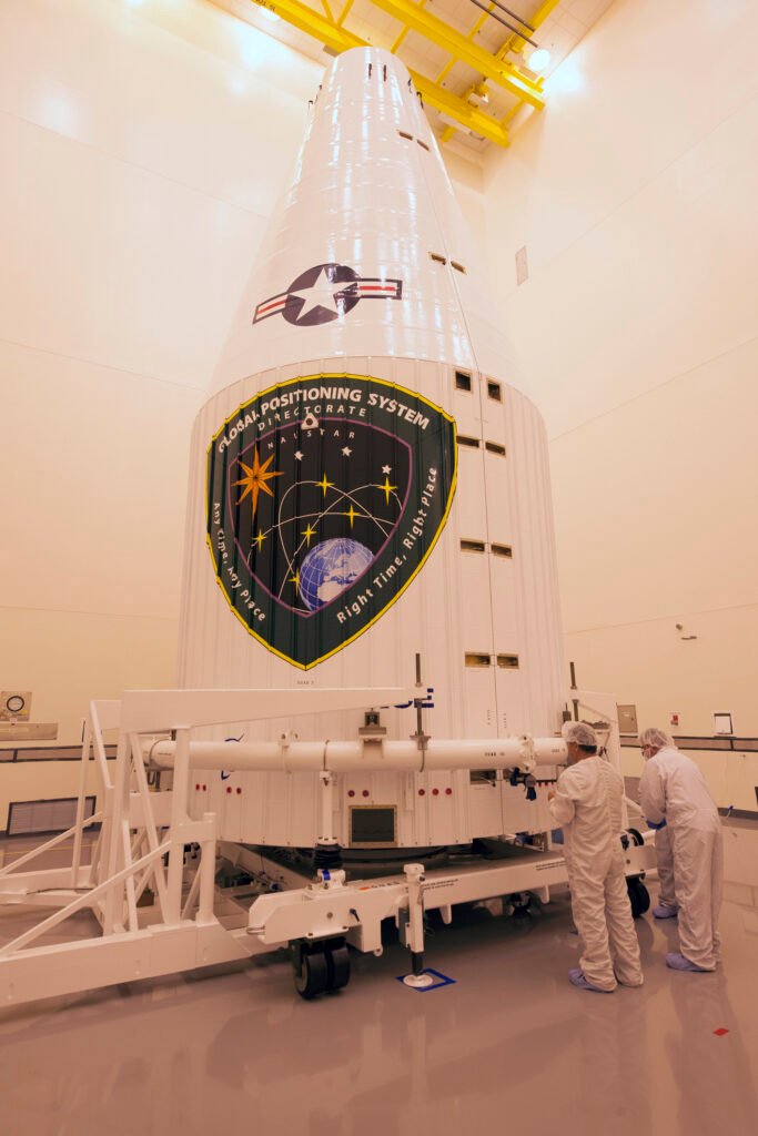 A GPS Block IIF NAVSTAR satellite being prepared for launch processing.