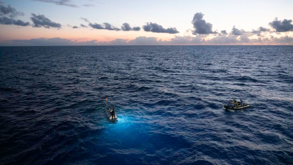 The deep-sea submersible Limiting Factor floating on the ocean surface after a research dive into a deep trench