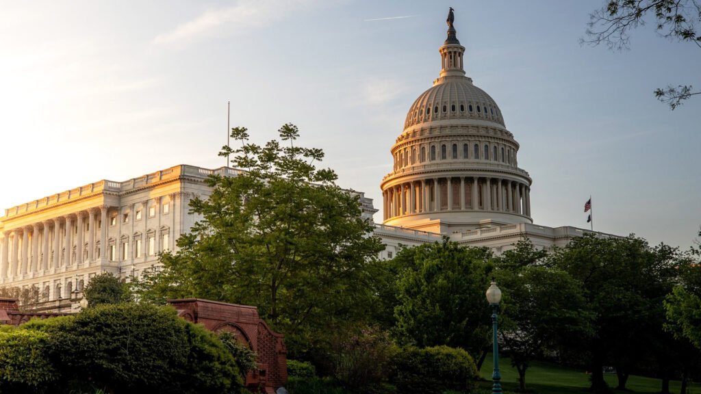 The United States Capitol building at sunrise, where Congress certifies the Electoral College count.