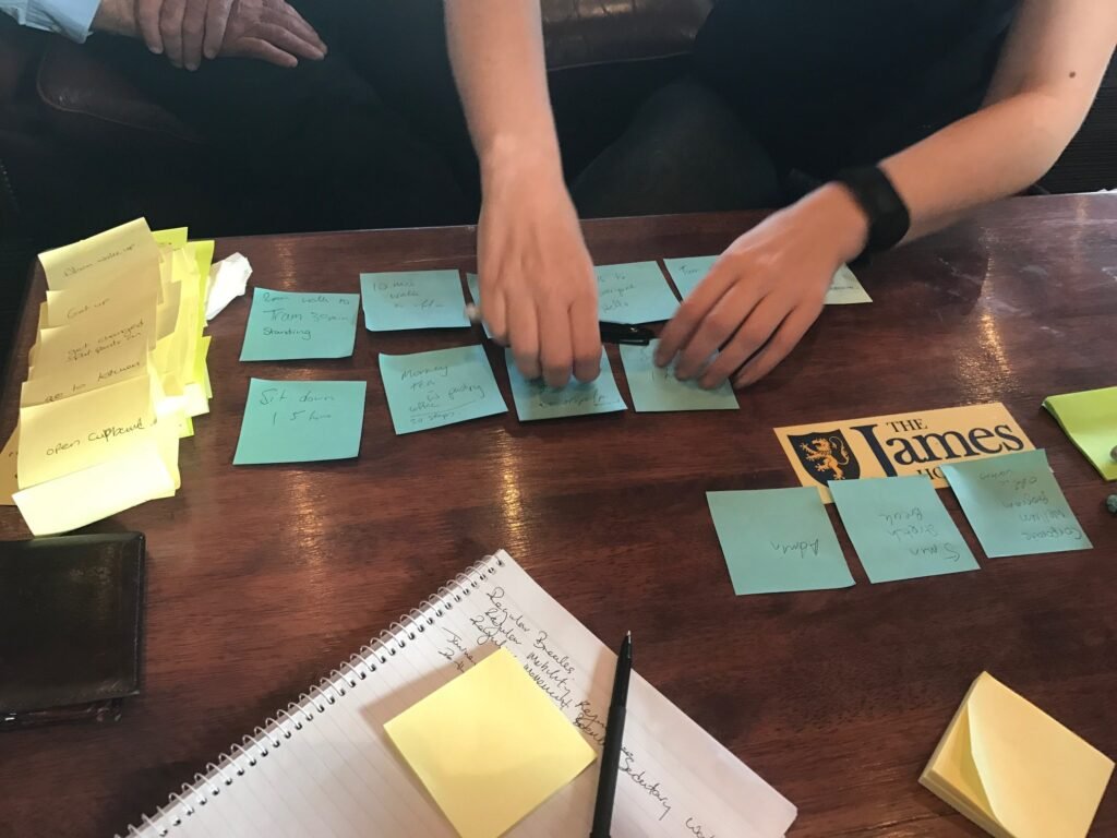 A team reviewing customer feedback and sticky notes while validating an early business idea.