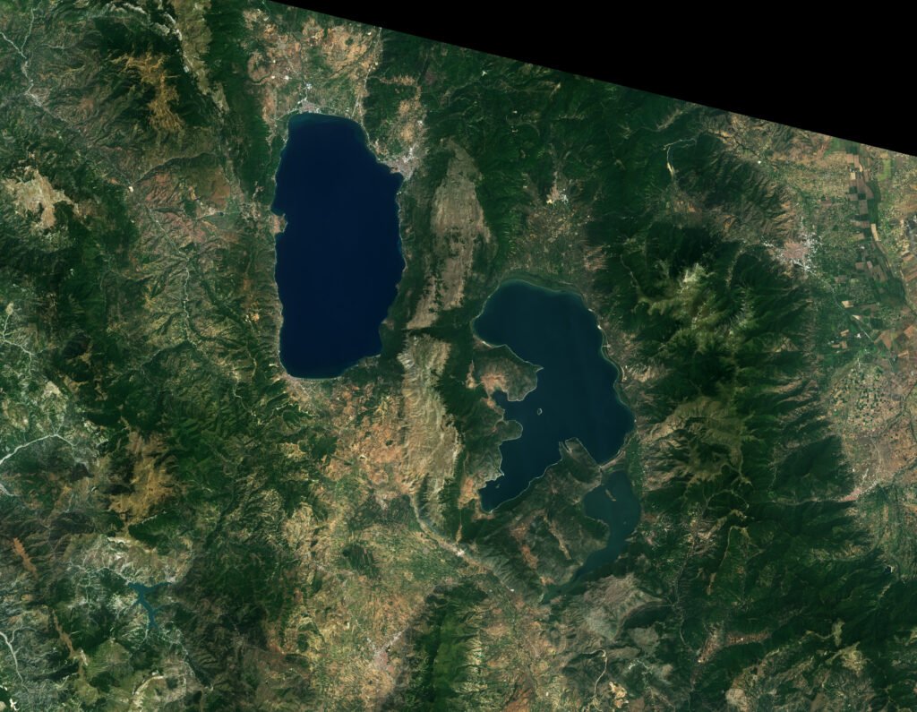 Satellite view of Lake Ohrid and Lake Prespa, North Macedonia's ancient lakes, surrounded by Balkan mountain terrain