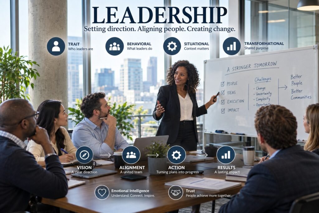 A team leader standing and presenting to colleagues seated around a table with laptops during an office meeting.