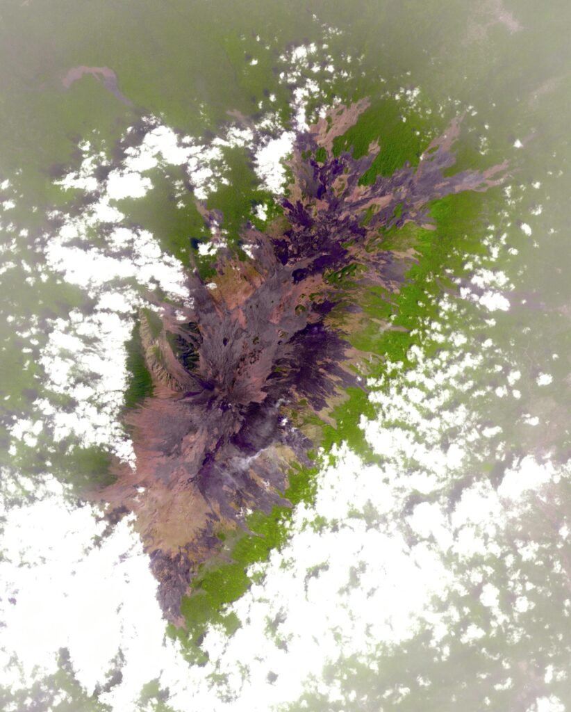 Satellite view of Mount Cameroon, the active volcano and highest peak in West and Central Africa, rising above the Gulf of Guinea coast in Cameroon