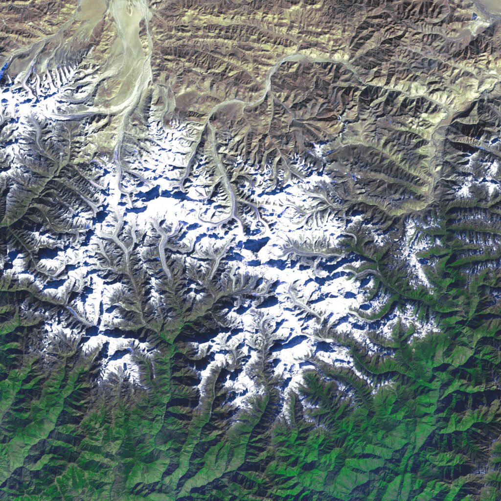 Satellite image of Mount Everest and the surrounding Himalayan peaks on the Nepal-China border