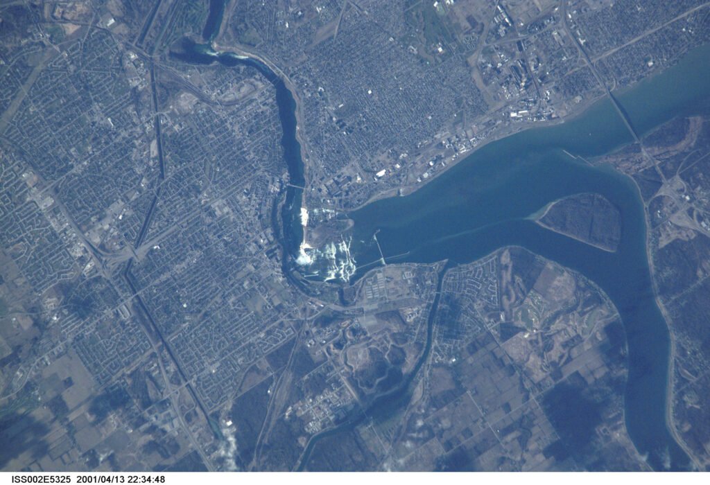 Niagara Falls on the Canada-United States border, photographed from the International Space Station