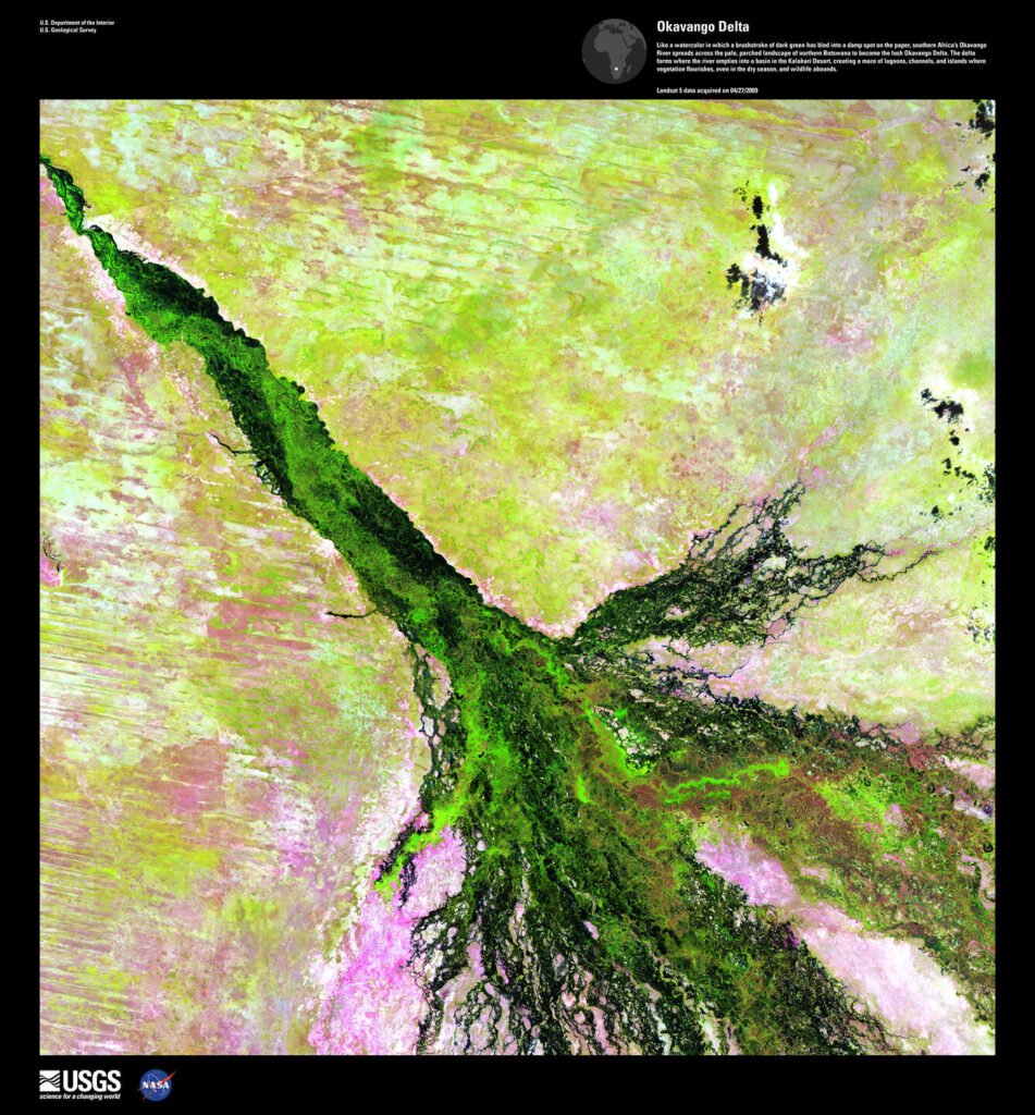 Satellite view of the Okavango Delta, Botswana's most iconic landmark, spreading across the Kalahari Desert