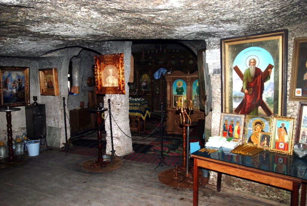 The cave monastery carved into limestone cliffs at Orheiul Vechi, Moldova