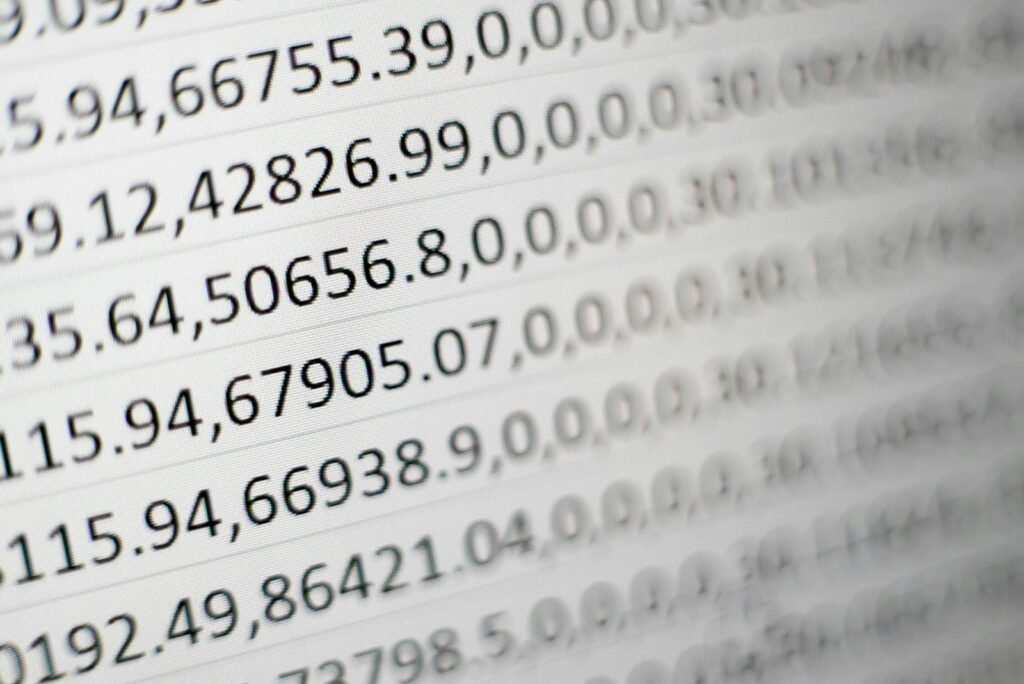 A printed sheet covered in columns of numbers