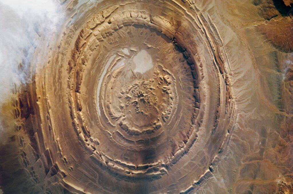 The Richat Structure, a large eroded geological dome in the Sahara Desert, Mauritania
