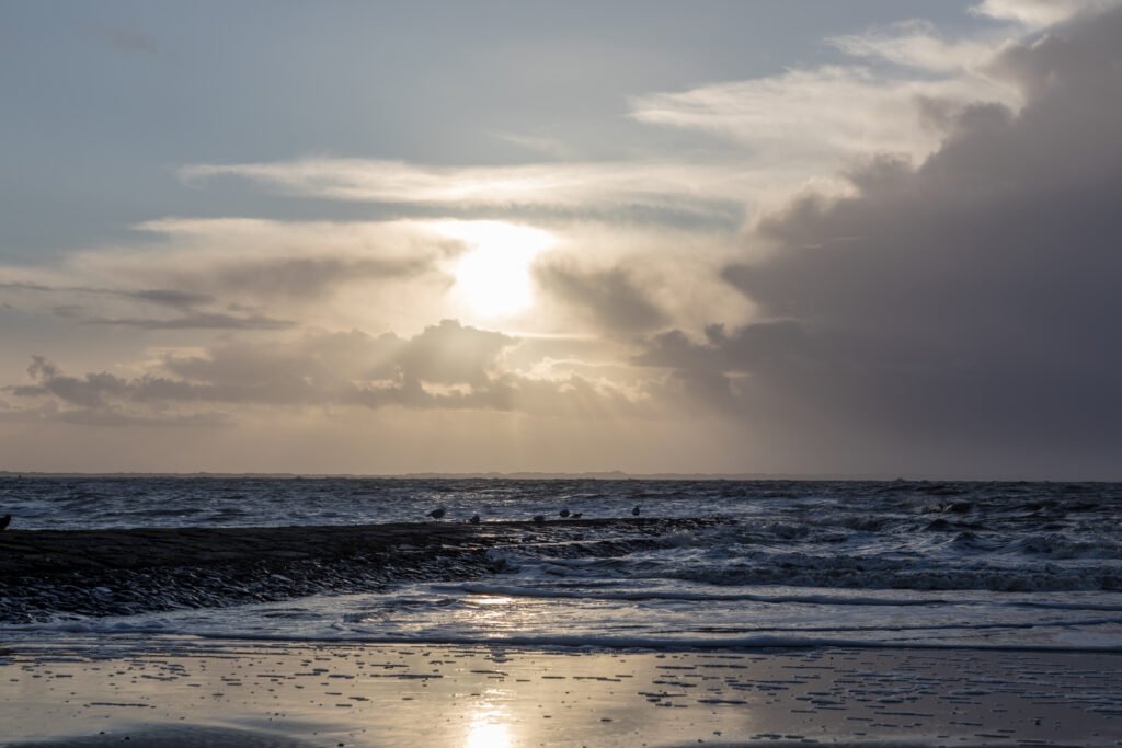 Blue ocean water and breaking waves along a sandy North Sea beach.