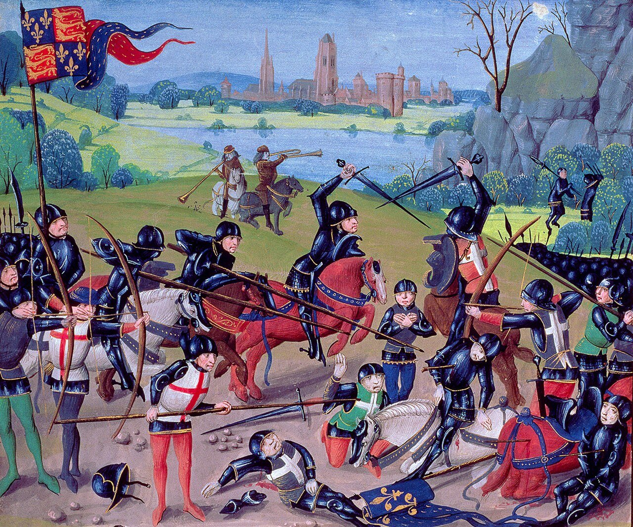 15th-century illuminated manuscript miniature showing armored knights fighting at the Battle of Agincourt