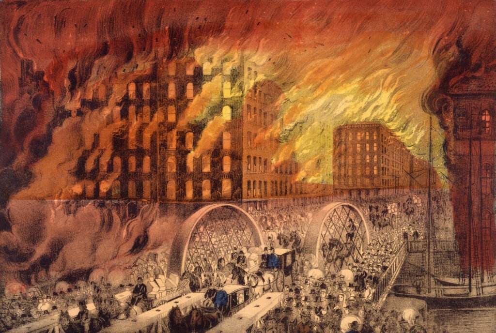 An 1871 Currier and Ives lithograph titled Chicago in Flames, showing crowds fleeing across a bridge as flames and smoke consume the city skyline at night.
