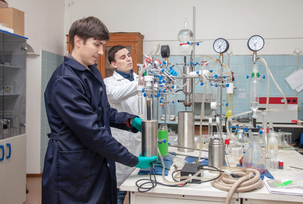 Laboratory instruments of the kind used to measure carbon-14 in samples for radiocarbon dating