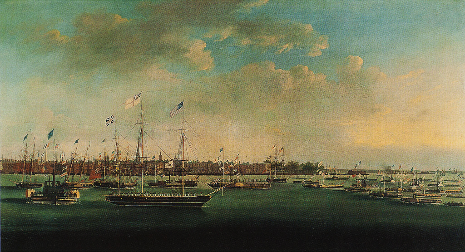 Period lithograph depicting the 1825 New York Harbor celebration marking the completion of the Erie Canal, with ships and flags filling the harbor.