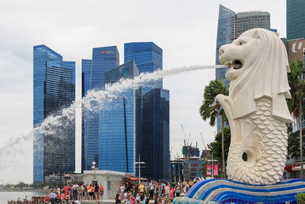 The Merlion statue at Marina Bay, Singapore, the country's most recognizable landmark