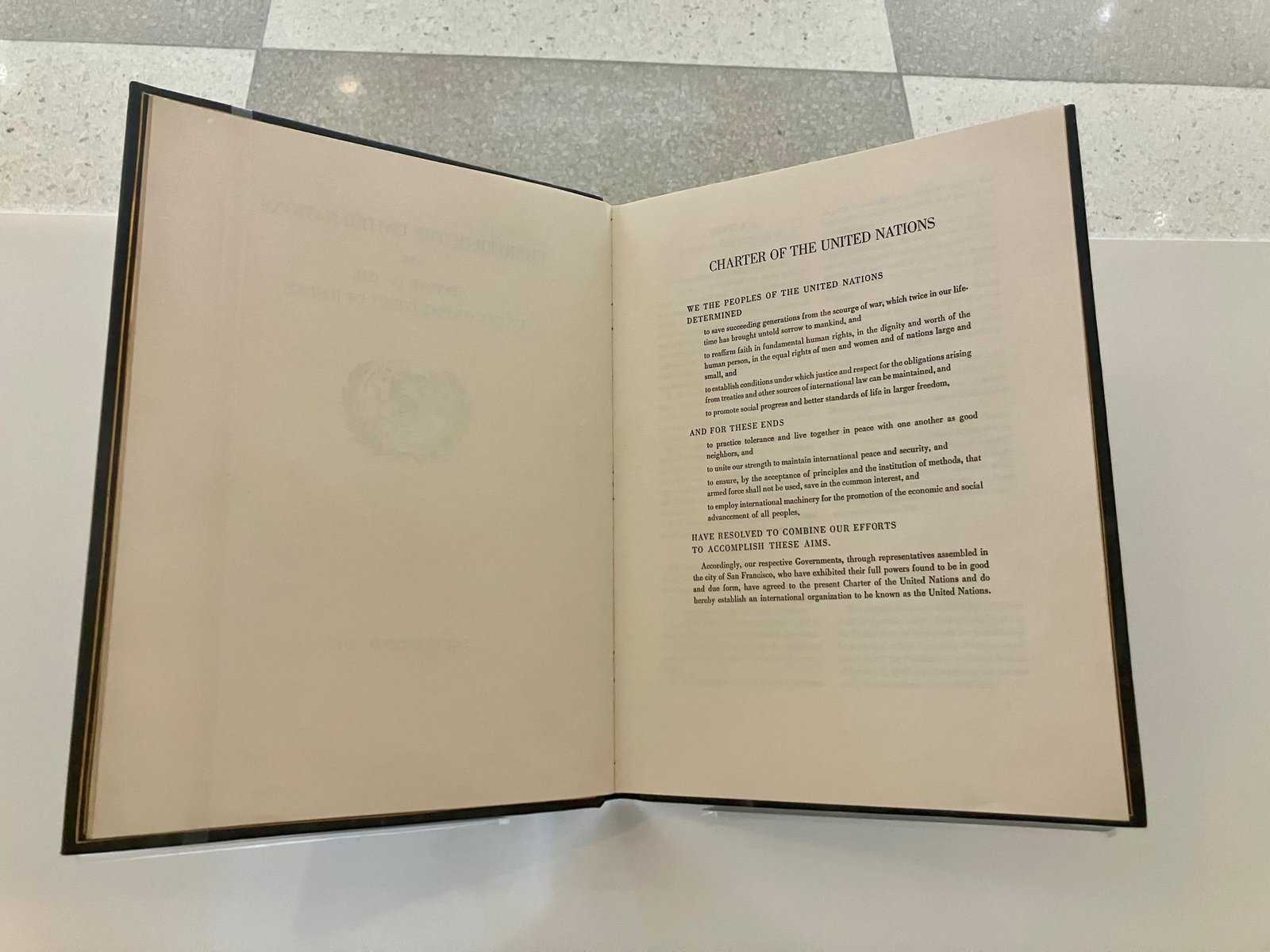 The original 1945 United Nations Charter, bound in leather, on display at United Nations Headquarters in New York.