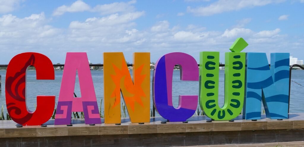 The large CANCUN letter sign, a widely photographed landmark near Playa Delfines