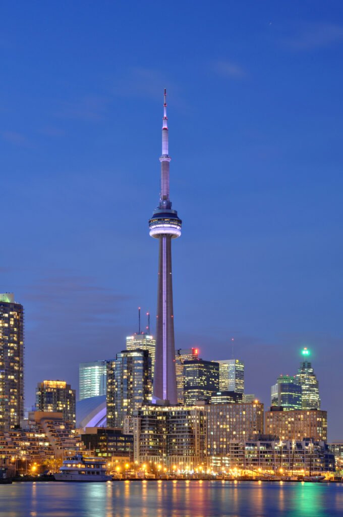 The CN Tower at night, the iconic landmark of Toronto, Canada