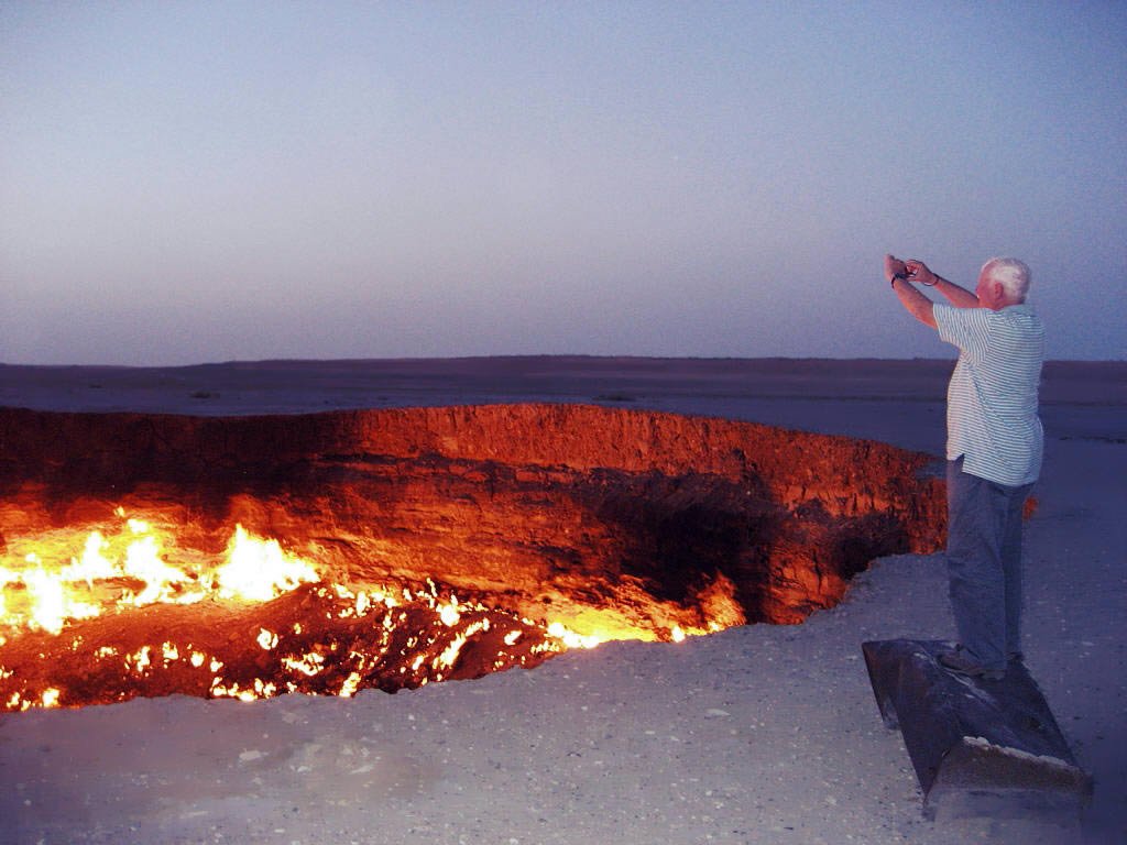 The Darvaza gas crater, a continuously burning pit in the Karakum Desert, Turkmenistan