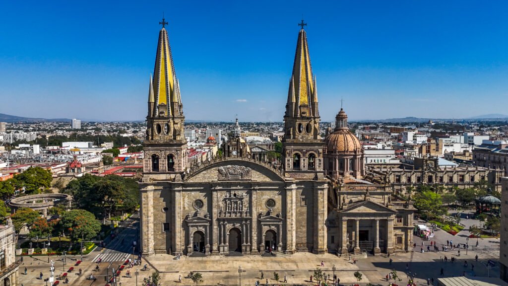 Guadalajara Cathedral, with its iconic yellow-tiled neo-Gothic towers