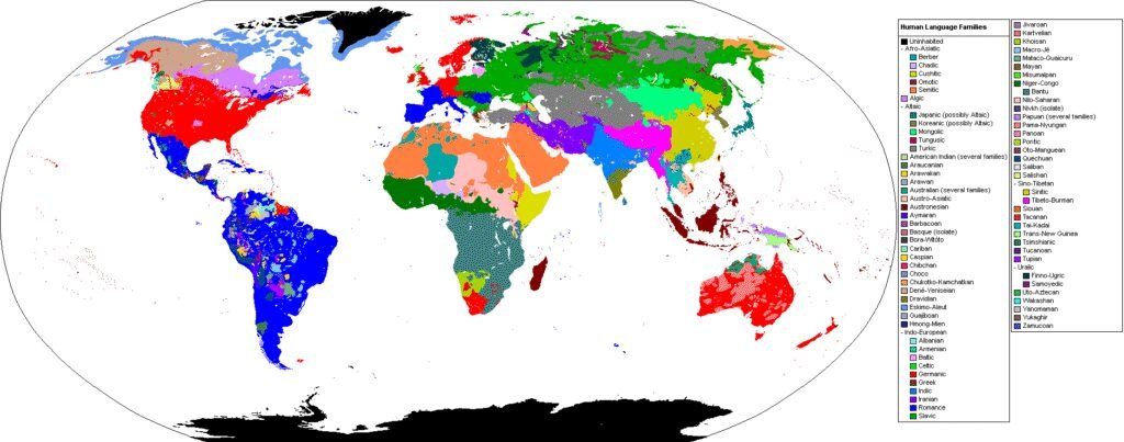 World map with regions colored to show the distribution of human language families