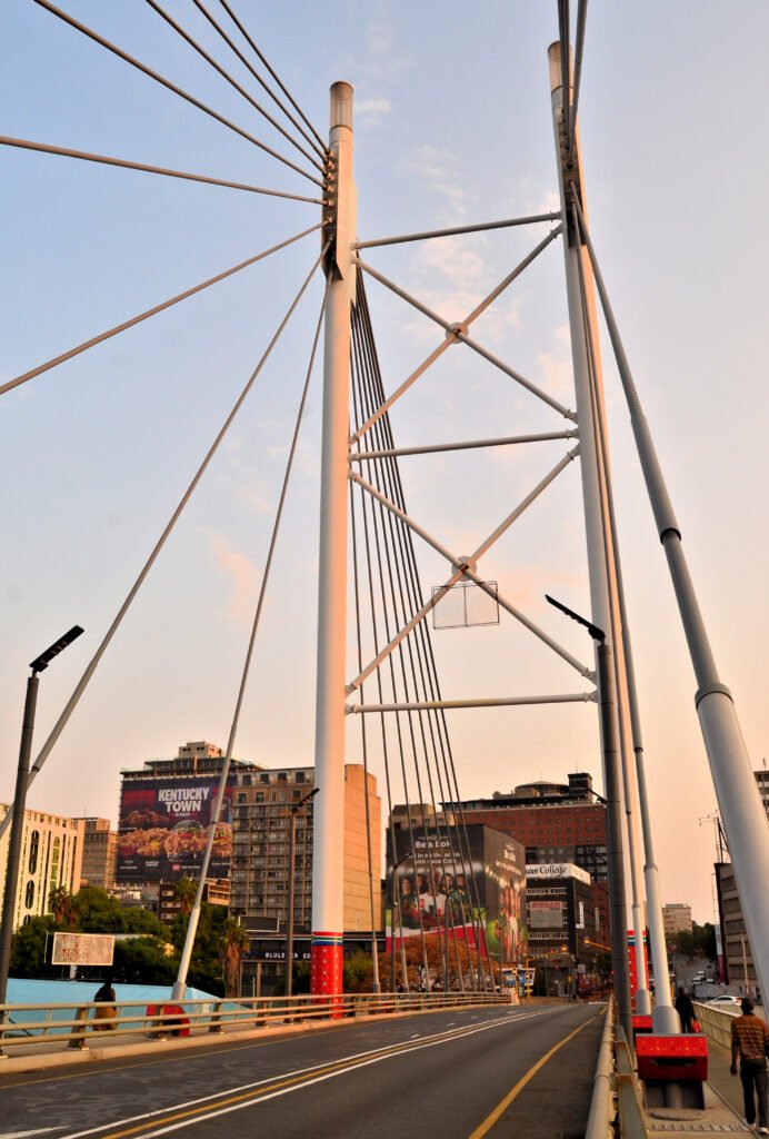 The Nelson Mandela Bridge, Johannesburg's iconic cable-stayed bridge linking Braamfontein and Newtown