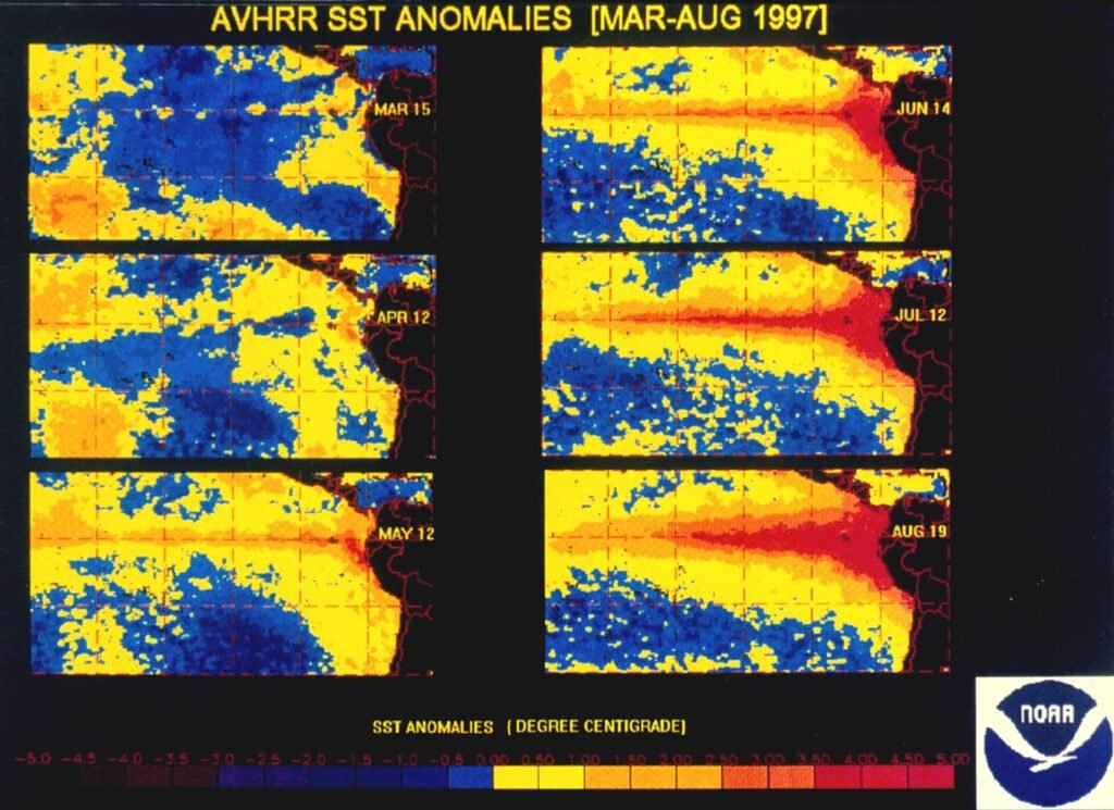 Maps of Pacific sea surface temperature anomalies from March to August 1997 showing a major El Nino developing