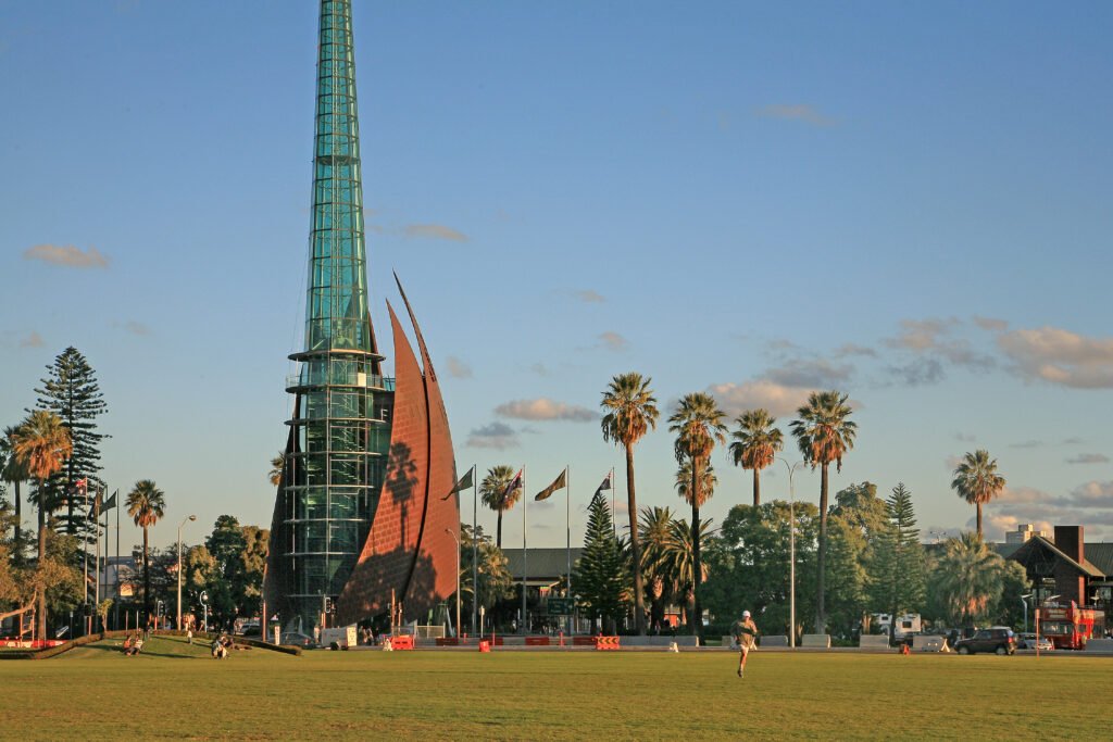 The Swan Bells Tower, Perth's iconic glass-and-copper-sailed landmark on Elizabeth Quay