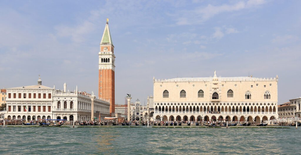 St Mark's Campanile and the Doge's Palace, the iconic Piazza San Marco view in Venice, Italy