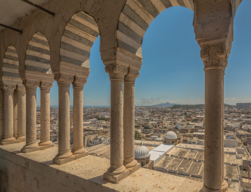 The minaret of the Zitouna Mosque (Great Mosque of Tunis), the iconic landmark at the heart of the Medina of Tunis, Tunisia