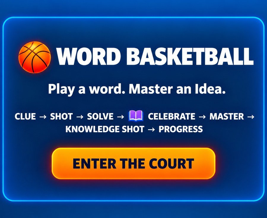 Word Basketball. Play a word. Master an idea. This production-style prototype implements the complete learning loop with editorial demo concepts. The final architecture is designed for the 10,000-concept Knowledge Bank. Flow: Clue, Shot, Solve, Celebrate, Master, Knowledge Shot, Progress.